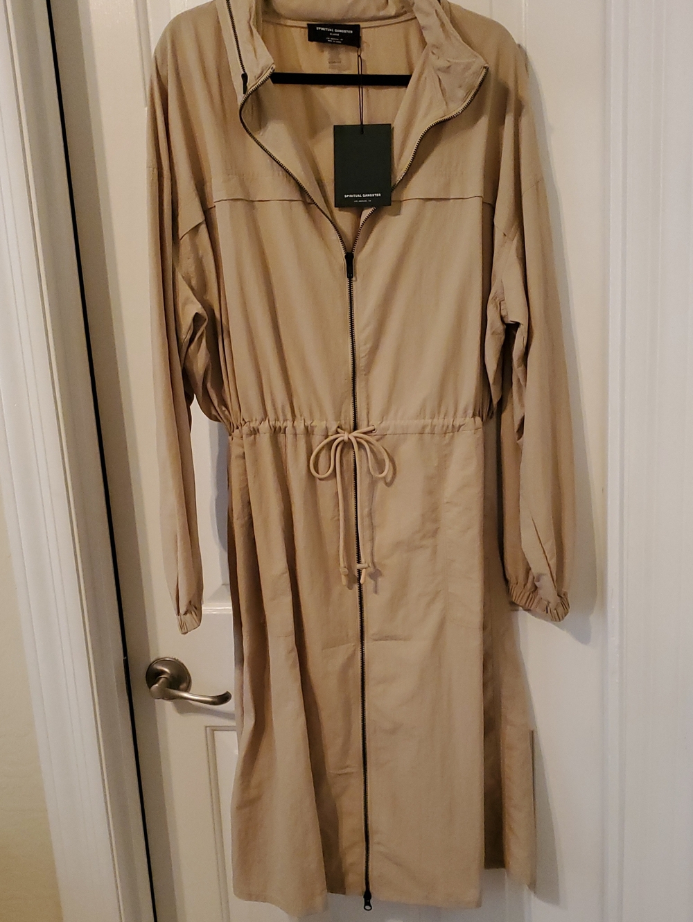 Spiritual Gangster Beige Zip-Front Drawstring Trench Coat